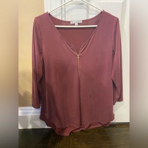 Burgundy three-quarter length zipper blouse